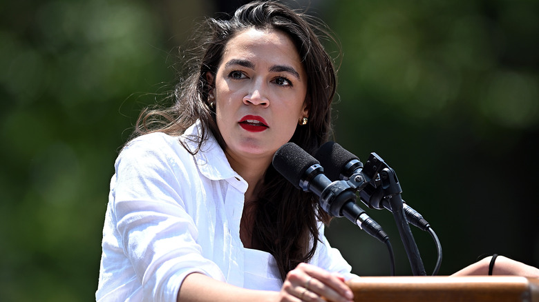 Alexandria Ocasio-Cortez addressing a crowd