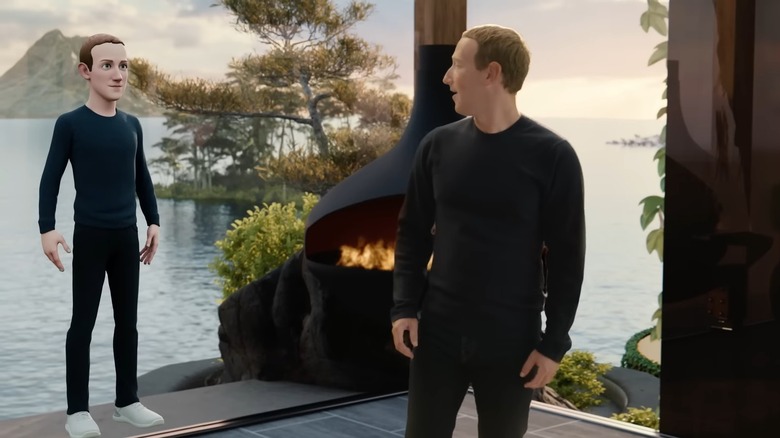 Mark Zuckerberg looking at a virtual avatar that sort of looks like him