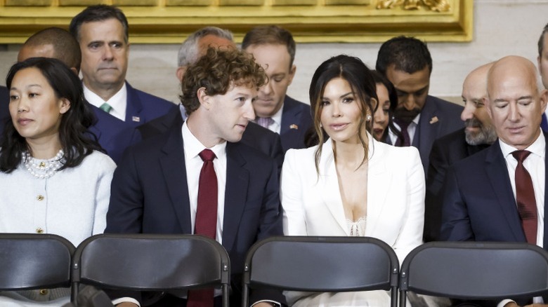 Priscilla Chan, Mark Zuckerberg, Lauren Sanchez, and Jeff Bezos attend the 2025 inauguration of Donald Trump