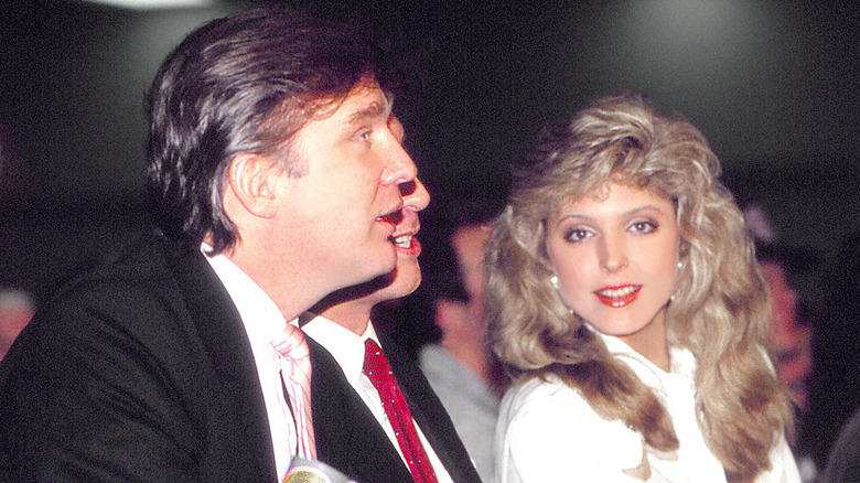 Donald Trump and Marla Maples sit ringside at Tyson vs Spinks. One of the first photos of Marla Maples and Donald Trump together Convention Hall in Atlantic City, New Jersey (1988)