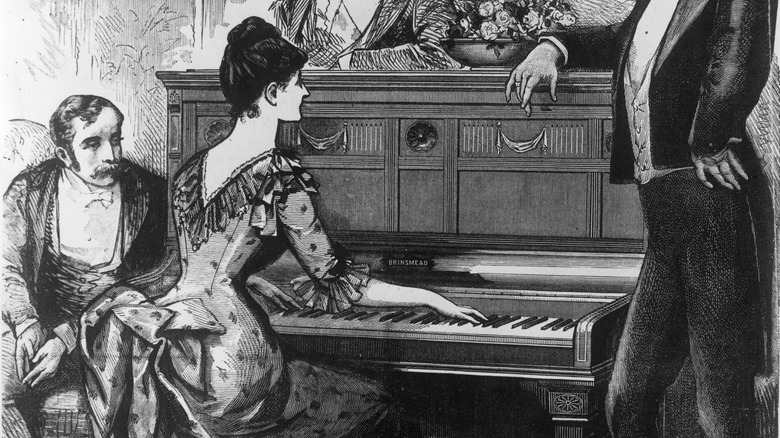 woman playing piano in sketch from 19th century