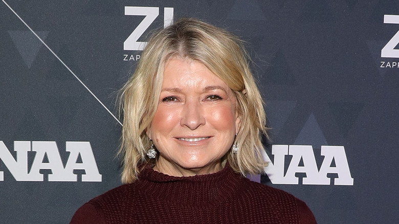 Martha Stewart on a red carpet, wearing sweater, with a lot of flyaway hairs.