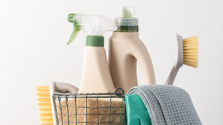 Cleaning products in a bucket