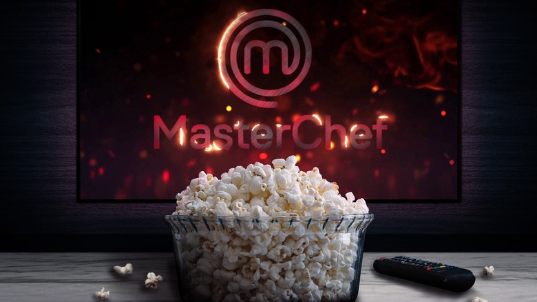 "Masterchef" logo on TV with popcorn