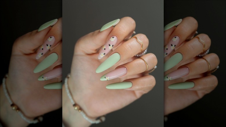 Floral matcha latte nails 