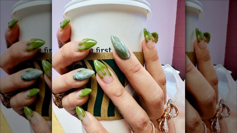 textured matcha latte nails holding coffee 