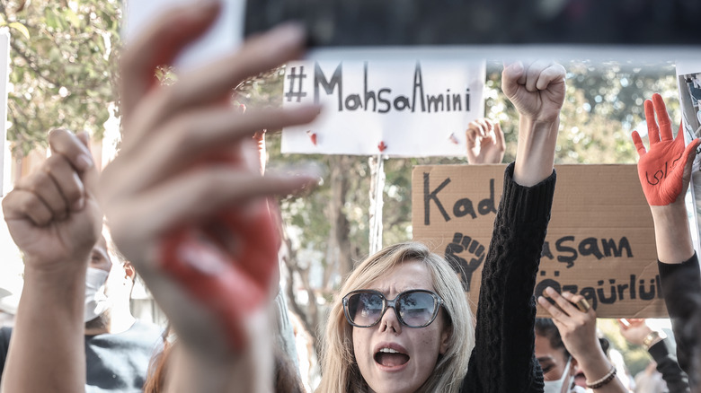 Protestors cheering and holding up signs