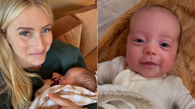 split screen Jasmine Roth smiling and holding baby Darla Roth and Darla Roth gazing at the camera