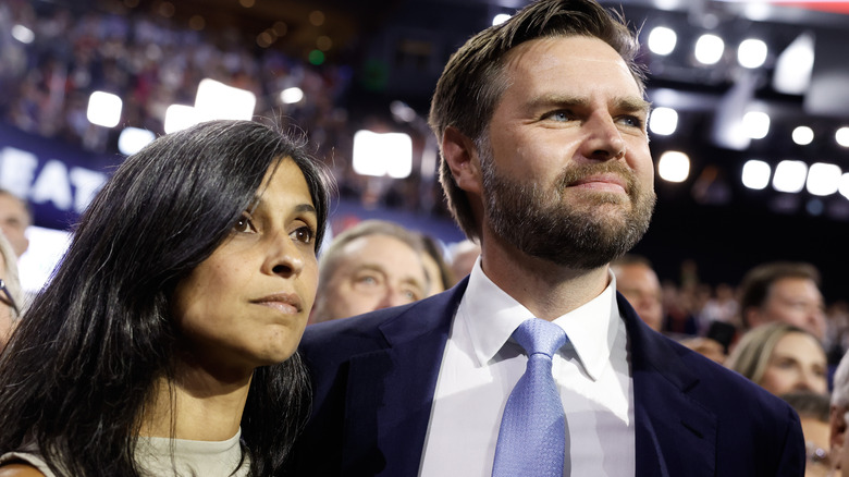Usha Vance poses for the camera with husband J.D. Vance