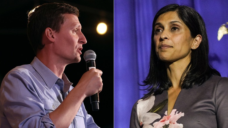 A photo of Blake Masters speaking into a microphone next to an image of Usha Vance