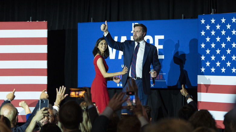 Usha Vance smiles while husband J.D. Vance gives a thumbs up