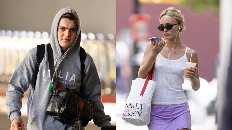 Jack Depp in hoodie and Lily-Rose Depp on the phone