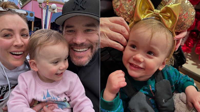 Selfie of Kaley Cuoco, baby Matilda, and Tom Pelphrey next to photo of Matilda with gold Minnie Mouse ears.