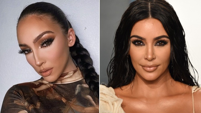 Jennifer Ward on left posing as Kim K; Kim Kardashian slight grin hair down