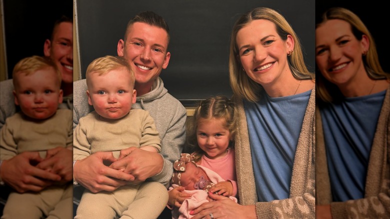 Kyle Peters and Kassidy Noem-Peters smiling with their three children