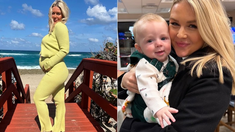 Karoline Leavitt at a beach showing her baby bump & Karoline Leavitt holding her baby