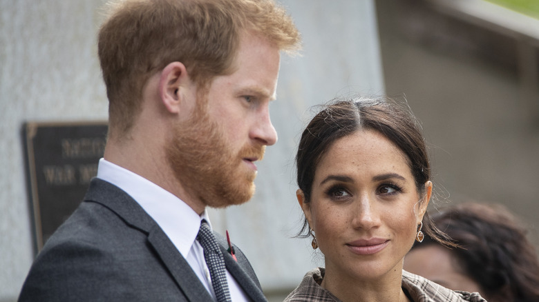 Meghan Markle regards her husband Prince Harry knowingly