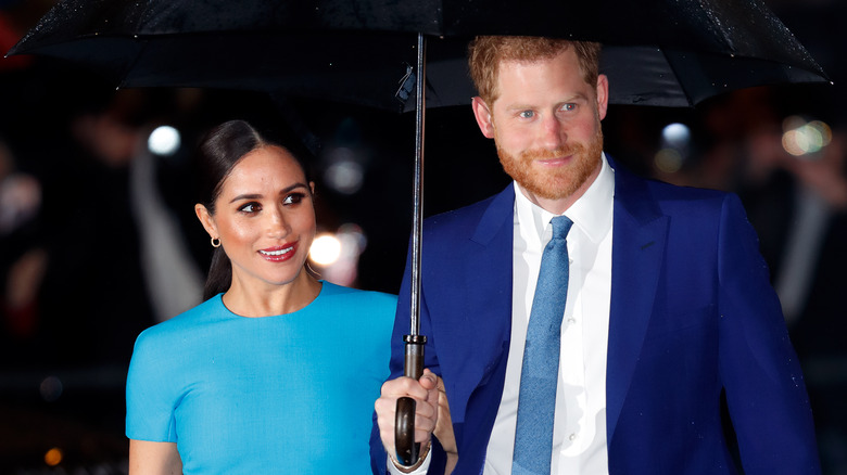 Meghan and Harry shelter under an umbrella