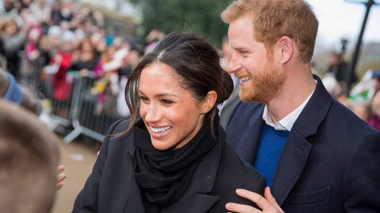 Harry and Meghan in 2018 with his hand on her