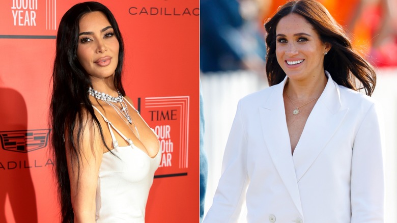 Kim Kardashian posing, Meghan Markle smiling