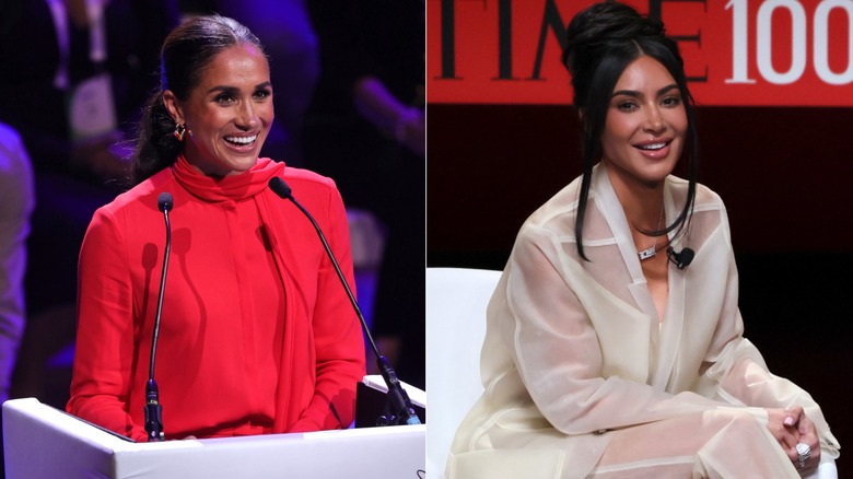 Meghan Markle giving a speech, Kim Kardashian smiling