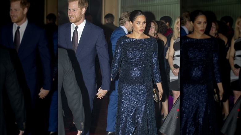 Meghan wearing blue sequined gown