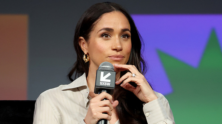 Meghan, Duchess of Sussex speaks onstage during the Breaking Barriers, Shaping Narratives: How Women Lead On and Off the Screen panel during the 2024 SXSW Conference and Festival at Austin Convention Center in Austin, Texas (2024)