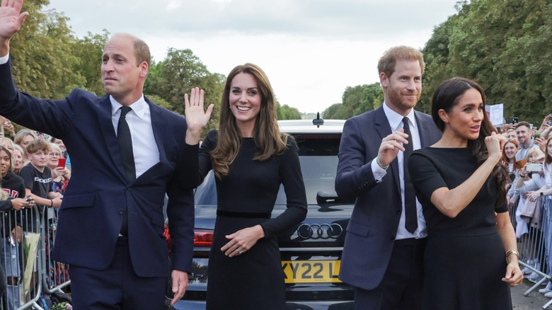 Prince William, Kate Middleton, Prince Harry, Meghan Markle waving