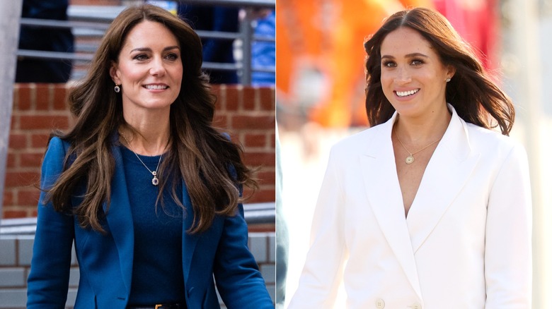 Kate Middleton smiling & Meghan Markle smiling