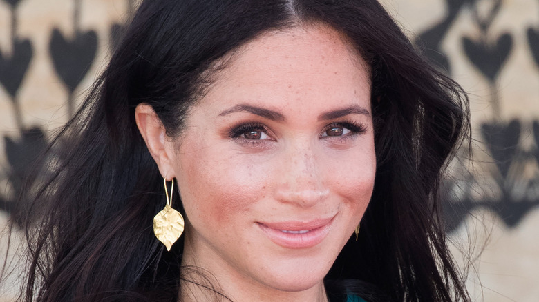 Closeup of Meghan Markle smiling while wind lightly blows her hair