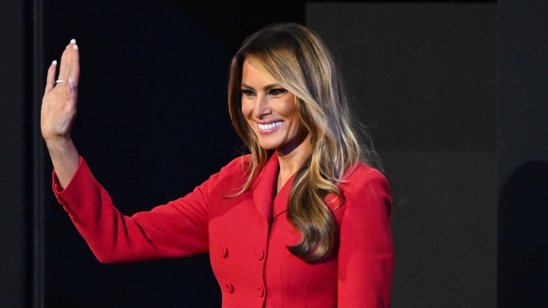 Melania Trump smiling and waving on RNC 2024 stage