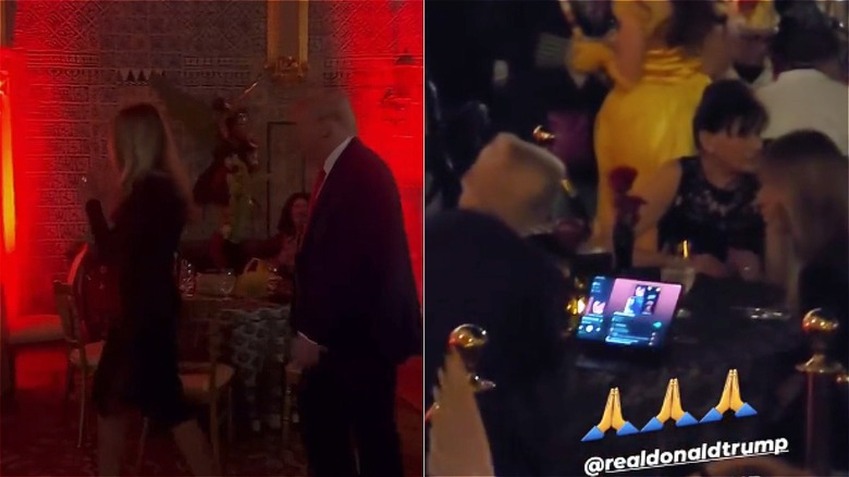 Left: Donald and Melania Trump walk into party, Right: Donald and Melania seated at table