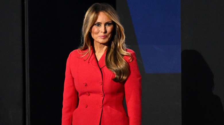 Melania Trump smiling red suit RNC 2024