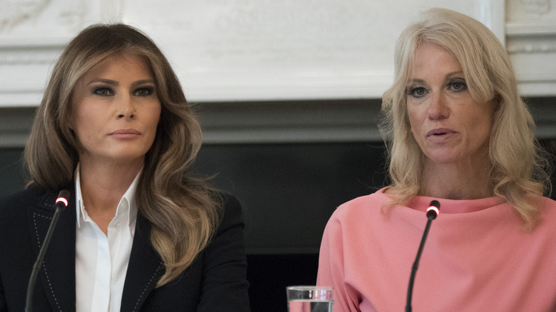 Melania Trump sitting next to Kellyanne Conway