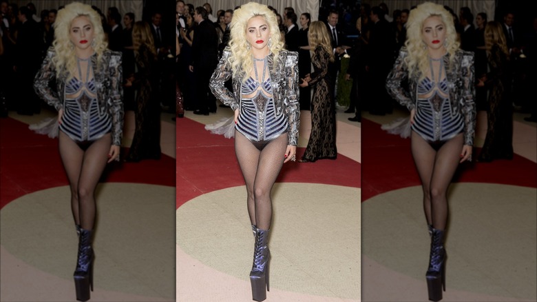 Lady Gaga in a silver leotard