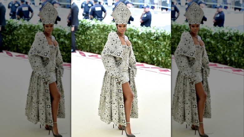 Rihanna in an embellished silver outfit