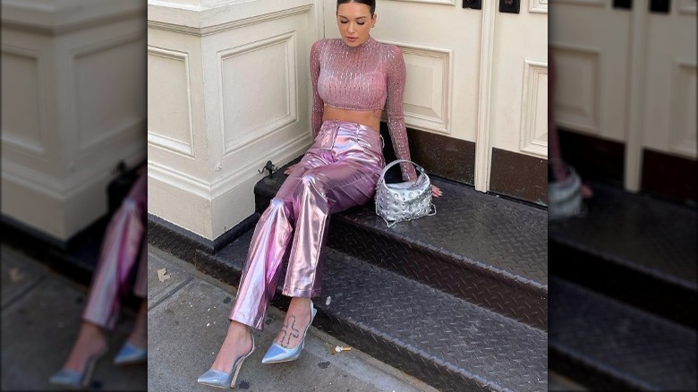 Woman wearing a full metallic outfit