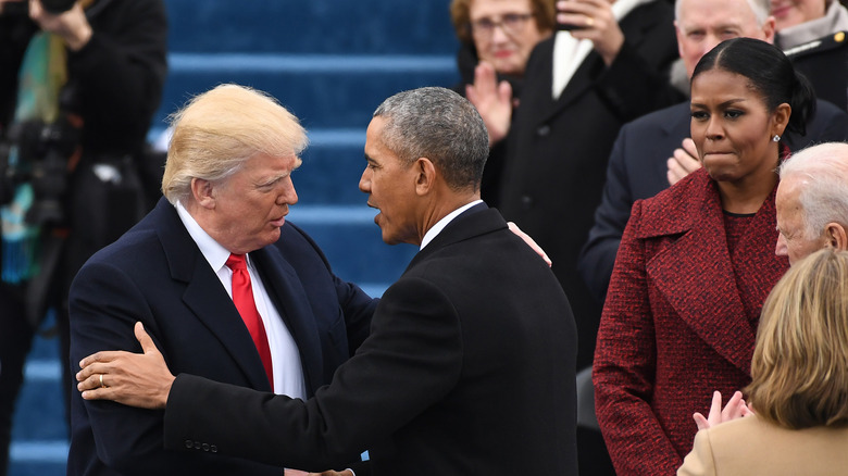 Donald Trump and Barack Obama shaking hands