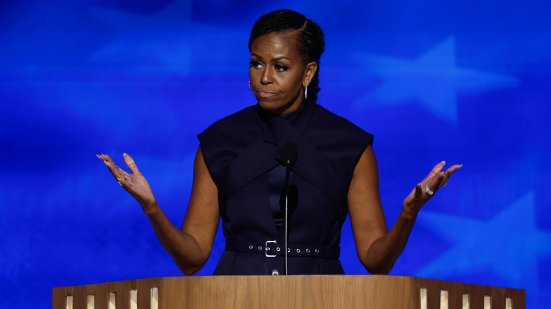 Michelle Obama speaks on stage during the second day of the Democratic National Convention