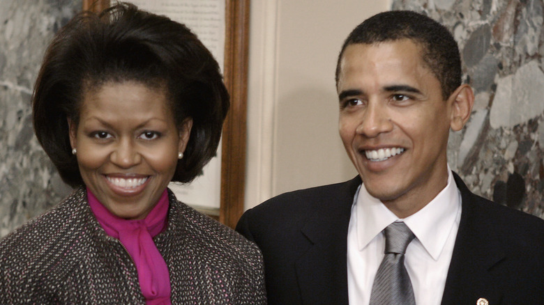 The Obamas smiling 