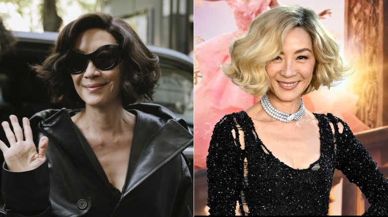 Michelle Yeoh smiling and waving in sunglasses & Blond Michelle Yeoh smiling at the L.A. 'Wicked' premiere