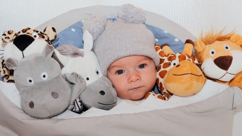 baby boy with stuffed animals