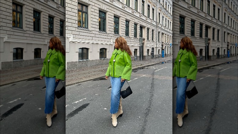 woman in colorful jacket, denim midi skirt