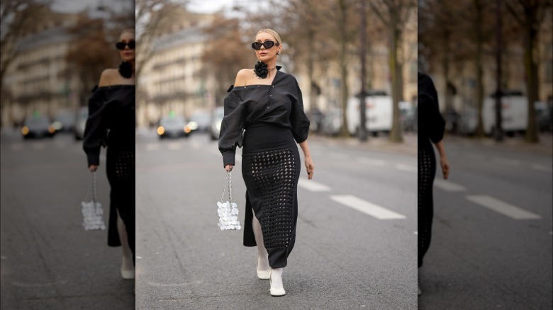 all black outfit with white accessories