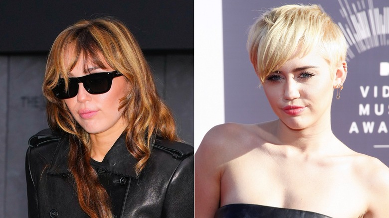 Miley Cyrus wearing sunglasses in 2024 & Miley Cyrus with a blond pixie cut in 2014