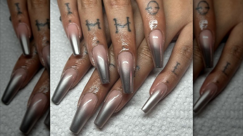 Nude and silver gradient nails