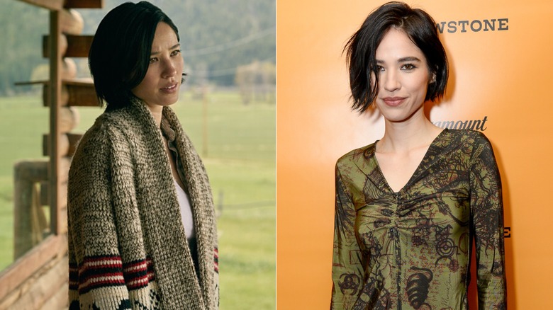 Side-by-side of Kelsey Asbille as Monica in "Yellowstone" and as herself on the red carpet