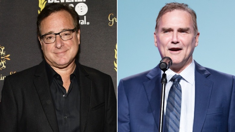 Bob Saget smiling, Norm Macdonald performing