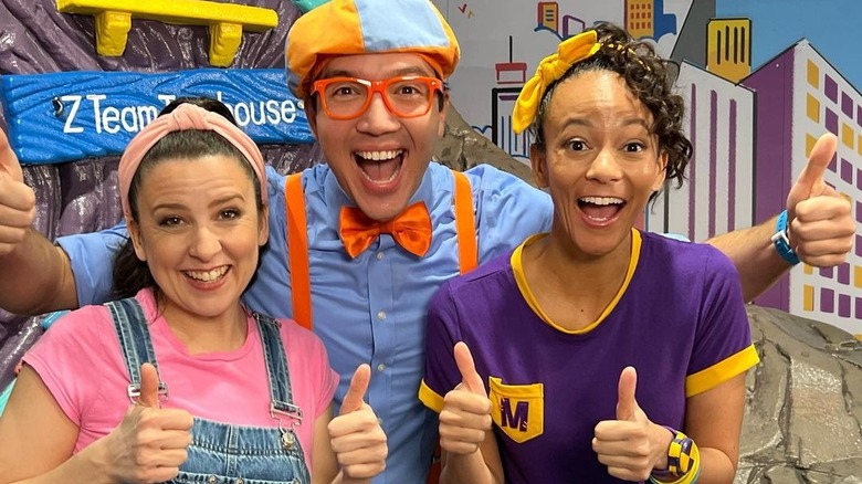 Ms. Rachel, Blippi, and Meekah giving thumbs up