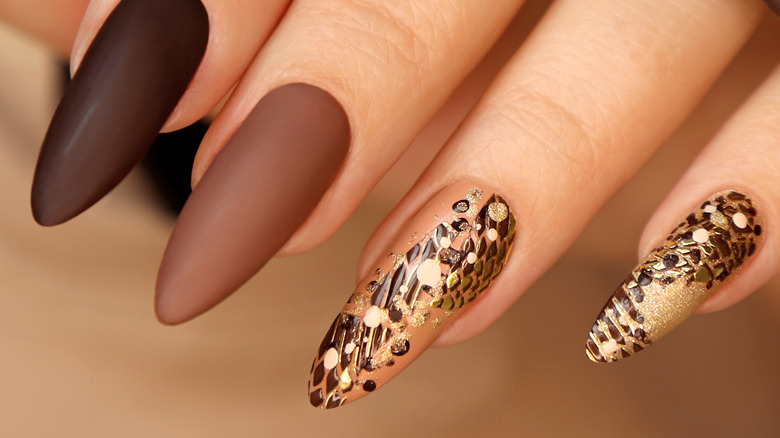 Brown and gold matte nails 